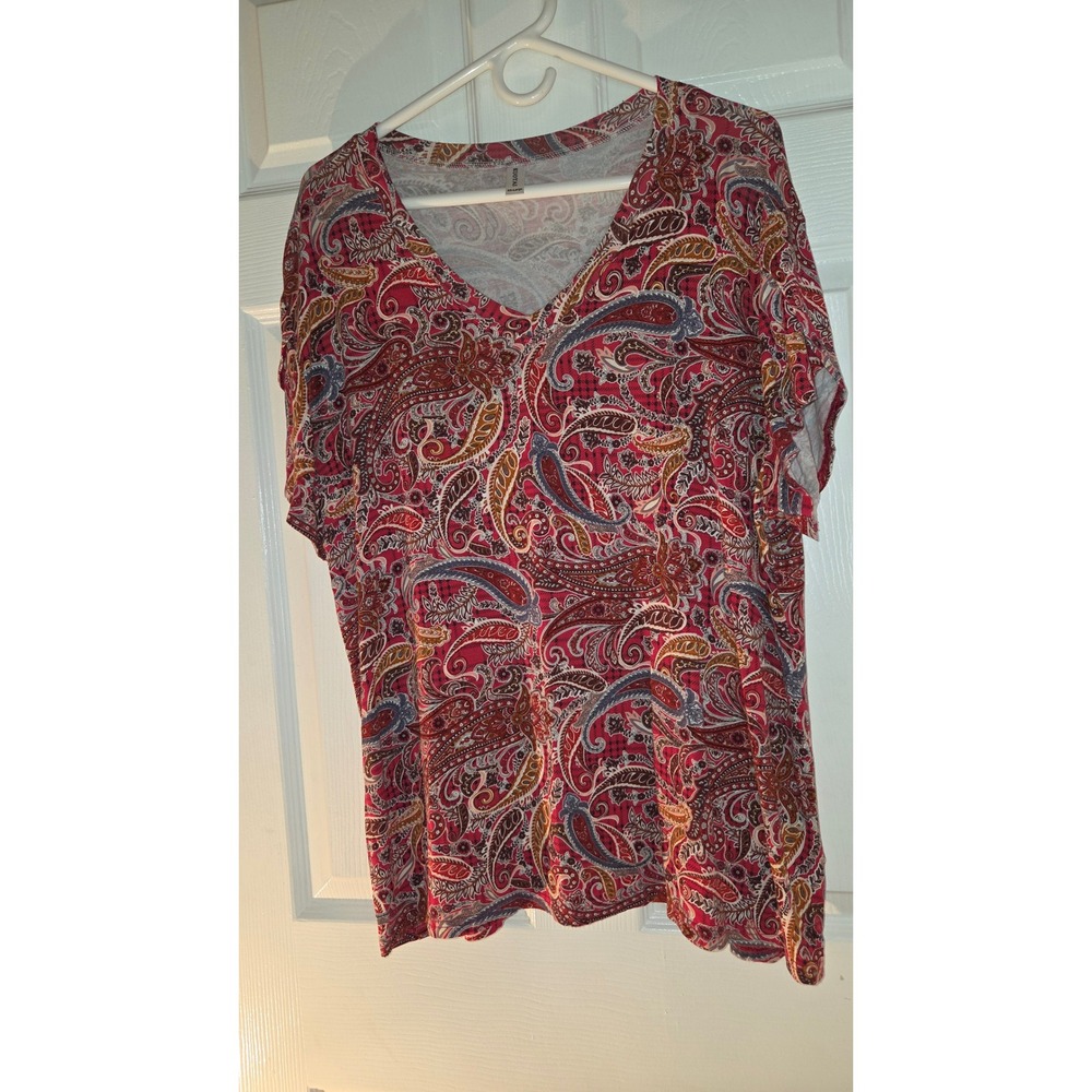 Kuotai Womens Red Paisley Print V-Neck Short Sleeve Top Blouse Size XXL